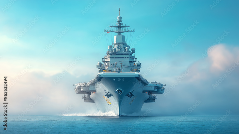 A large naval warship sails through calm sea waters