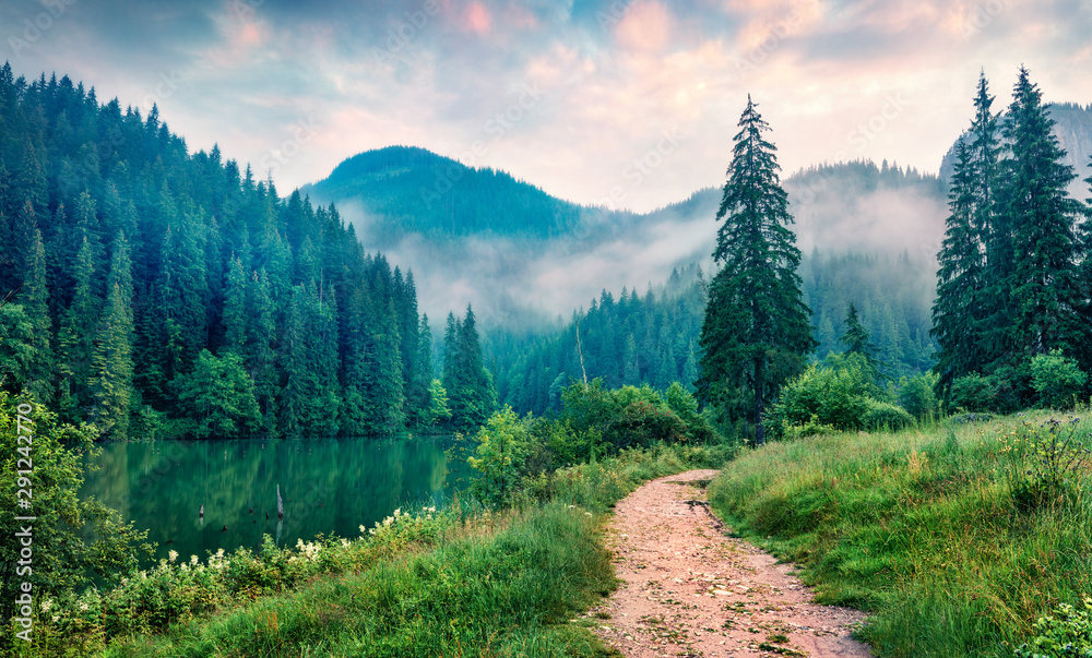 Misty morning scene of Lacu Rosu lake. Foggy summer sunrise in Harghita County, Romania, Europe. Beauty of nature concept background.