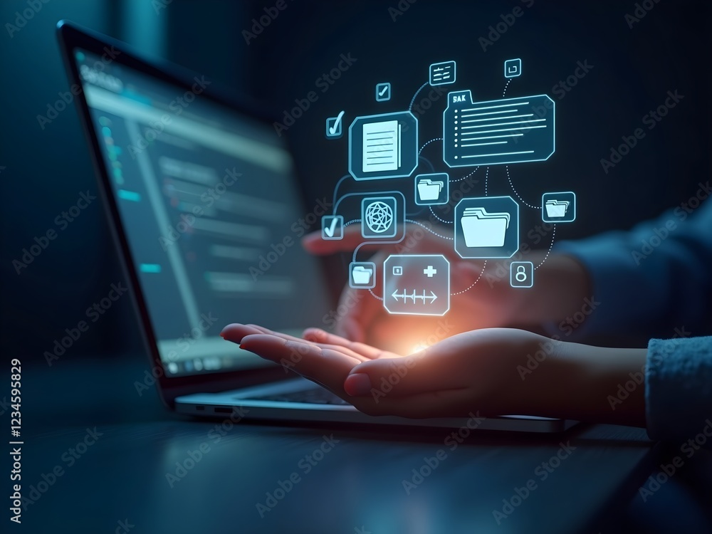 Online Assessment & Survey Concept. A Person Interacting with a Virtual Checklist on a Laptop, Representing Digital Evaluations, Surveys, Exams, Quizzes and Smart Assistants like ChatGPT & DeepSeek AI