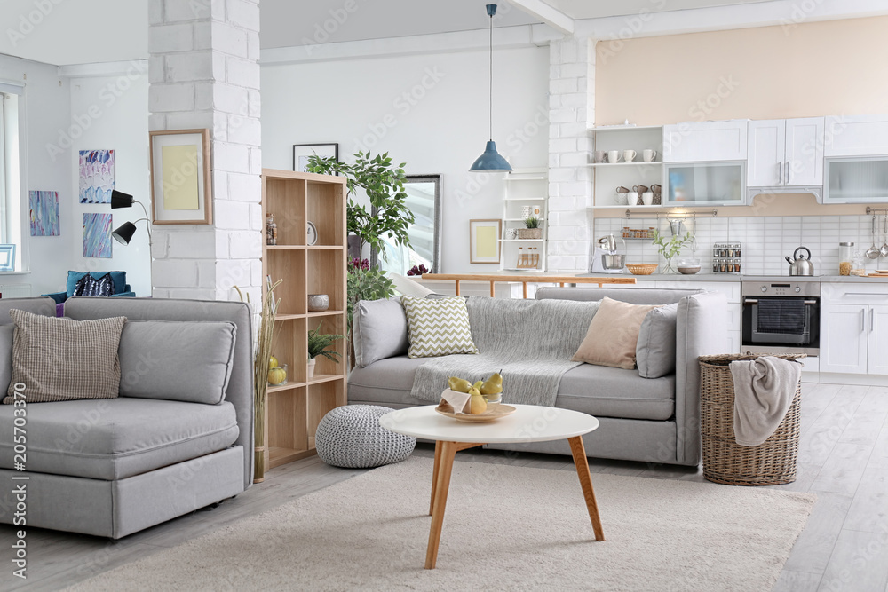 Stylish apartment interior with modern kitchen. Idea for home design